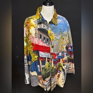 Vintage button up art painting Paris shirt Christopher Banks long sleeve size XL